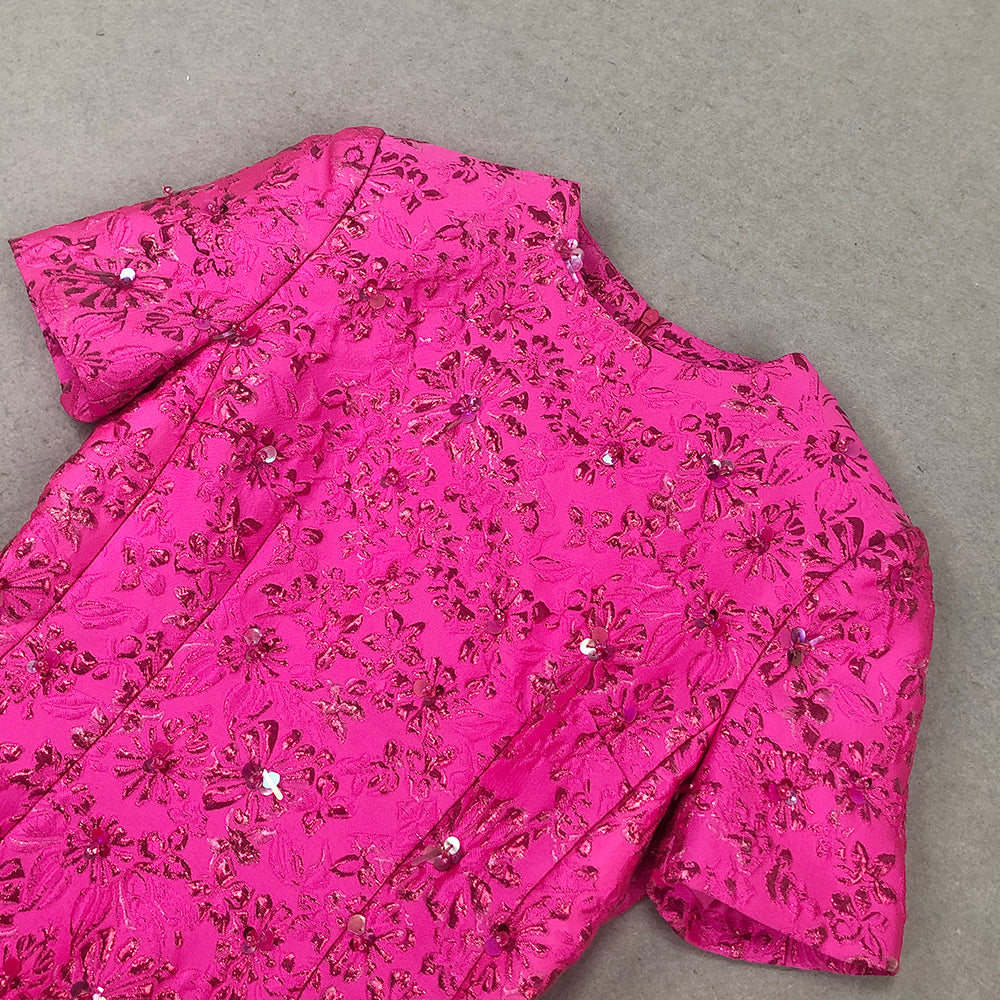 Short Sleeve Floral Sequin Dress Hot Pink HV1309