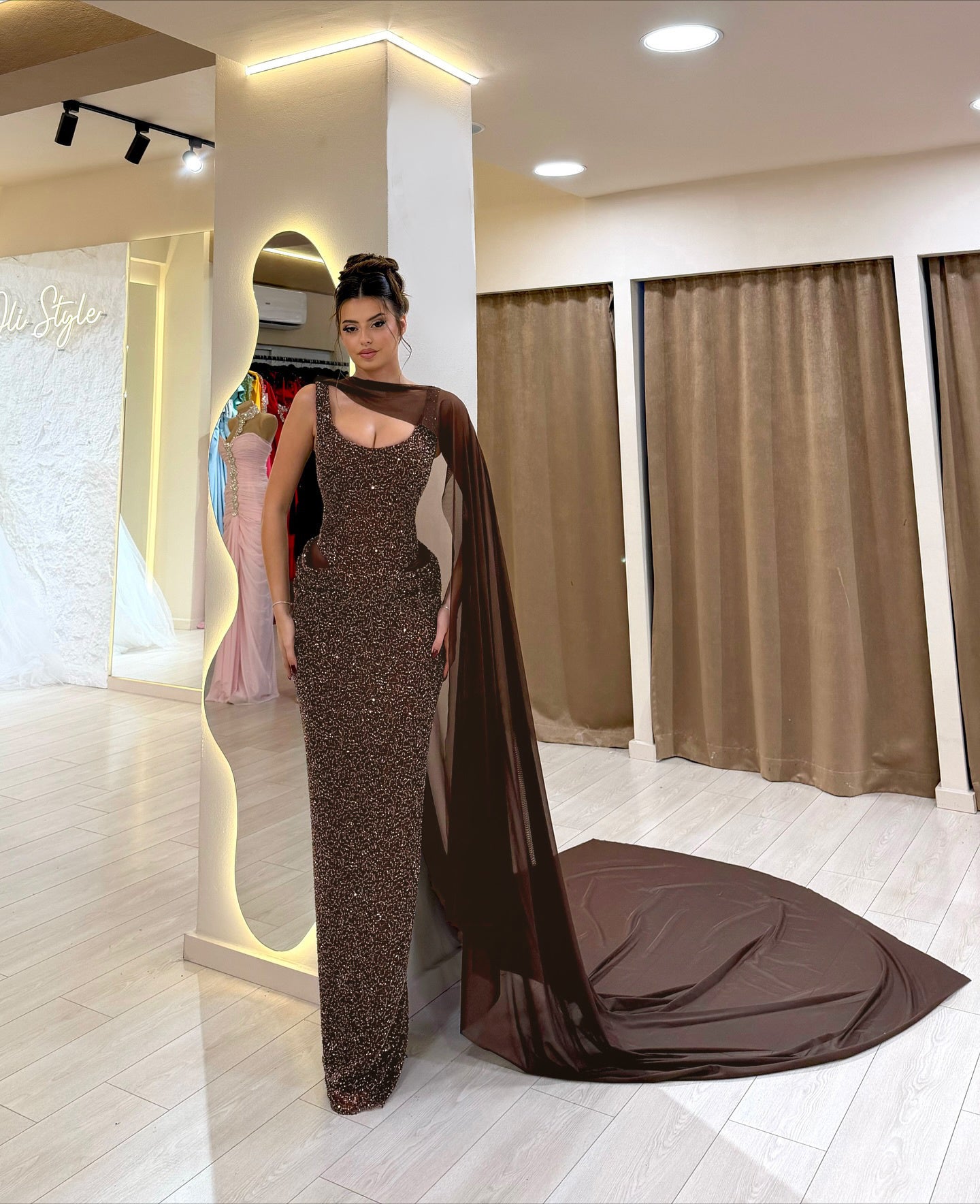 Mesh Insert Sparkly Maxi Dress Brown HV0061