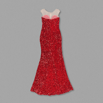 Mesh Insert Sequin Mermaid Maxi Dress Red HV1148