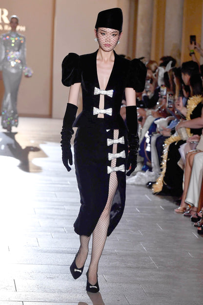 Short Sleeve Crystal Bow Midi Two Piece Velvet Dress Black HV2097