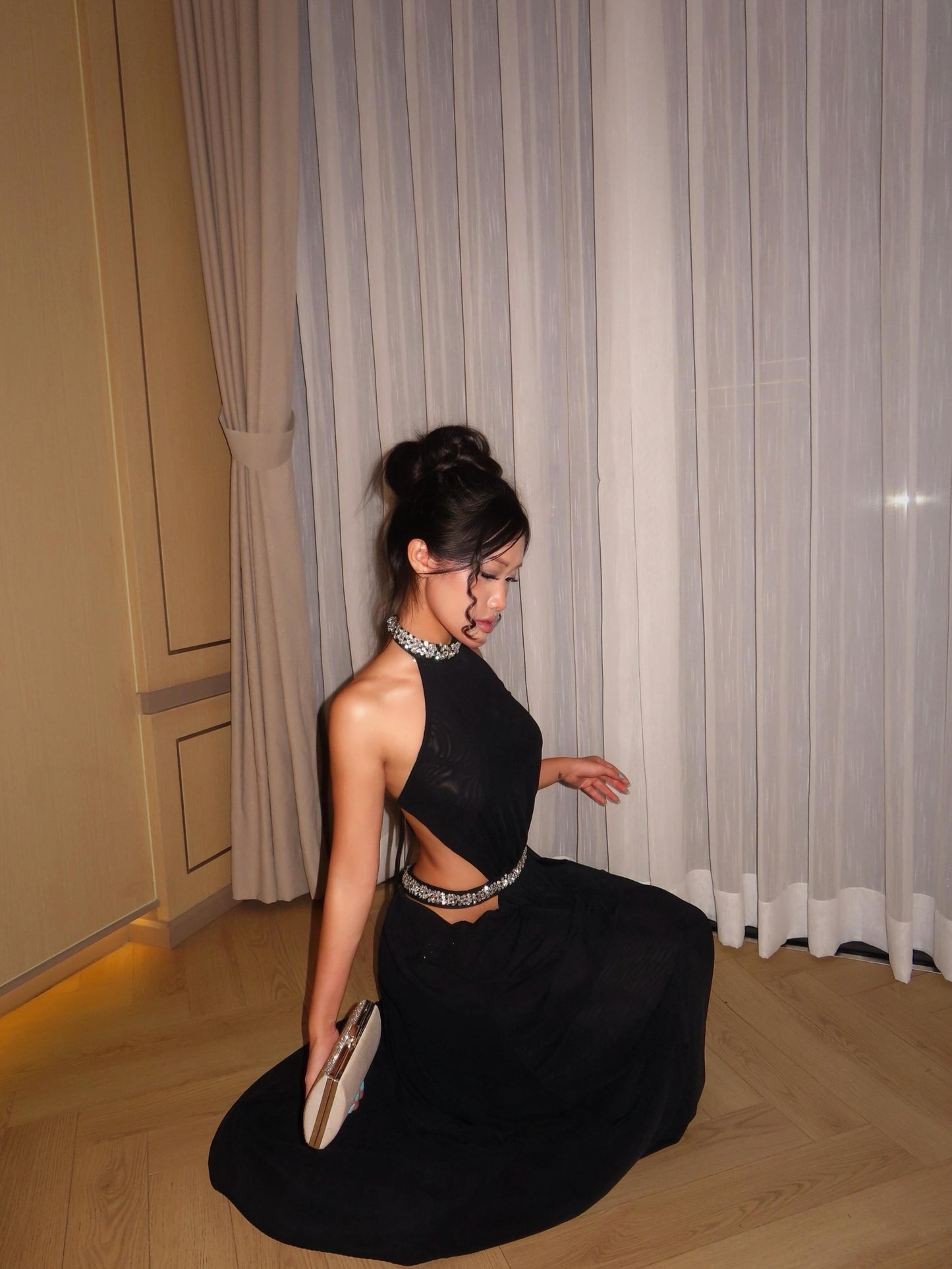 Halter Crystal Draped Backless Maxi Dress HV0122