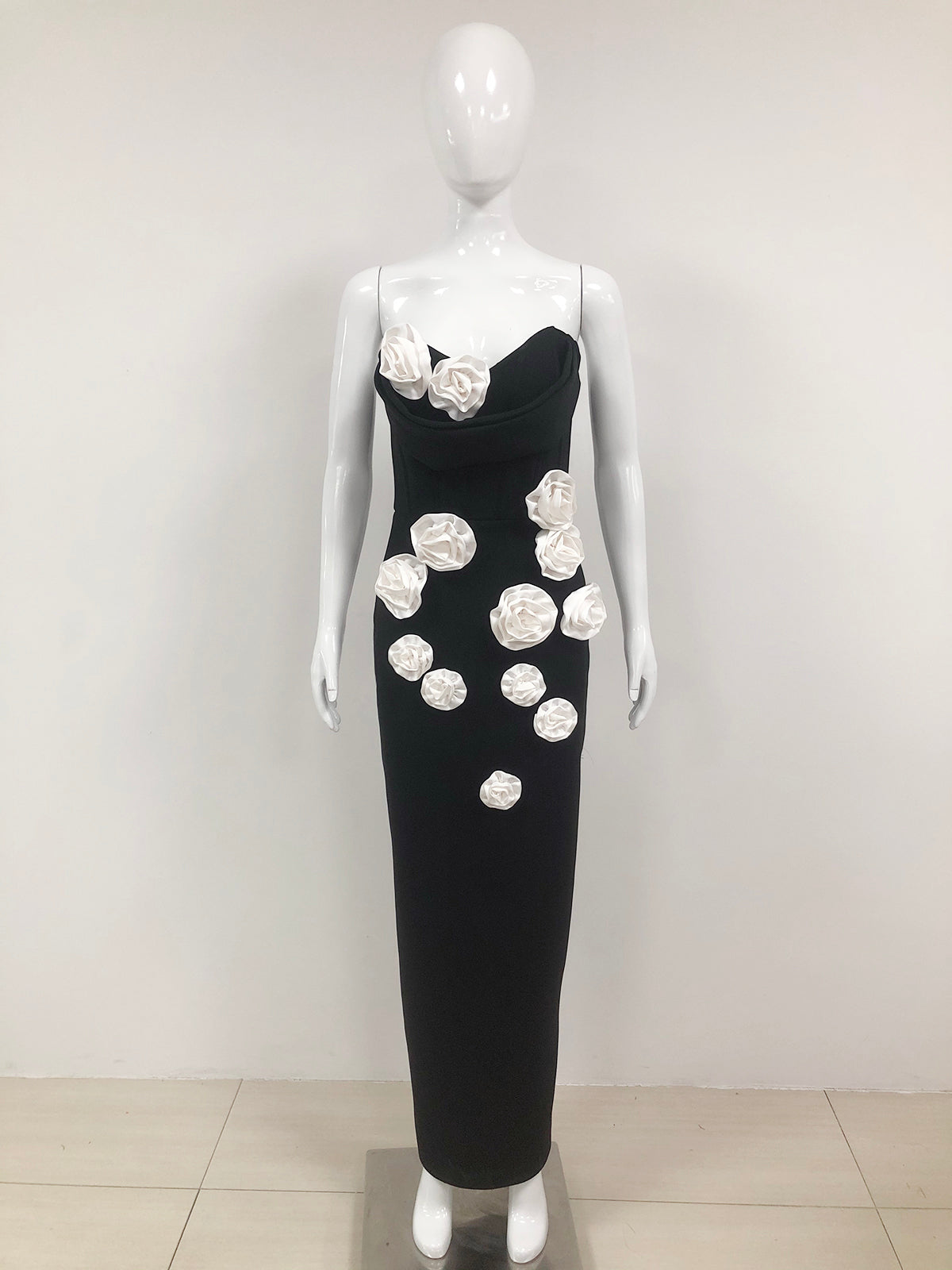 Strapless Floral Corset Maxi Dress Black White HV1703