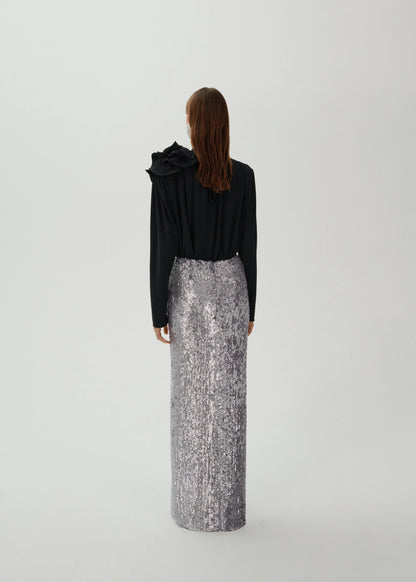 Floral Sequin Maxi Skirt Silver HV1610