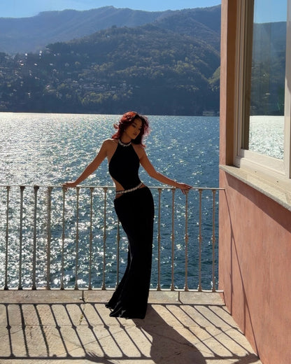 Halter Crystal Draped Backless Maxi Dress HV0122