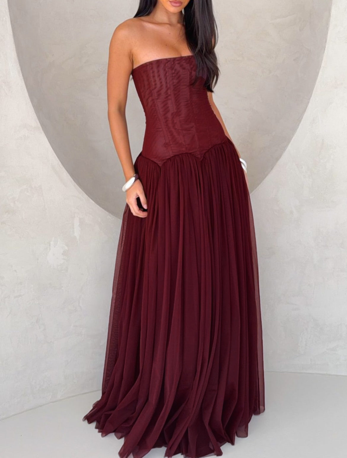 Strapless Structured A Line Maxi Dress Burgundy HV0086