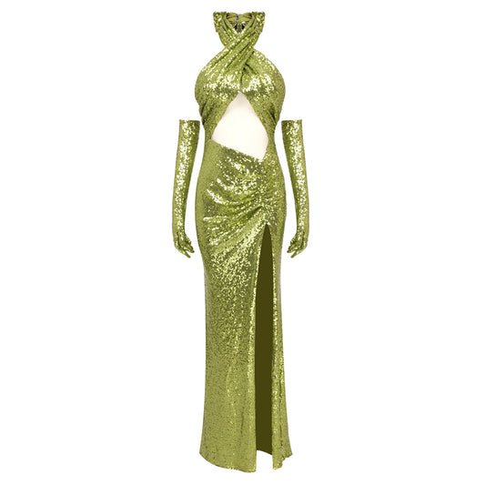 Halter Draped Sequin Maxi Dress Green HV1141