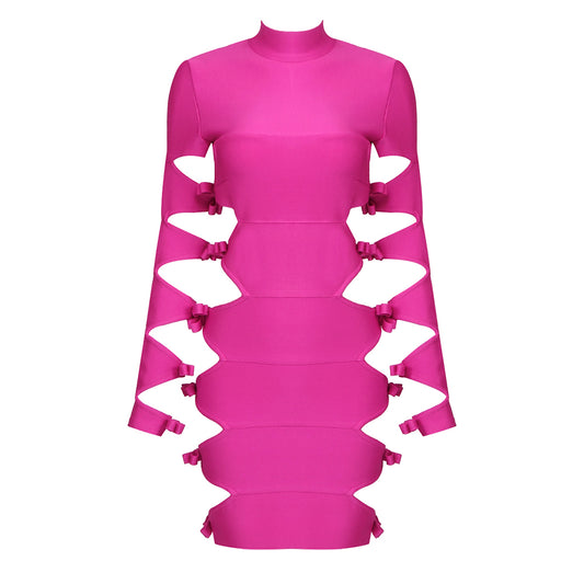 Long Sleeve Side Cut Out Dress Hot Pink HV9160