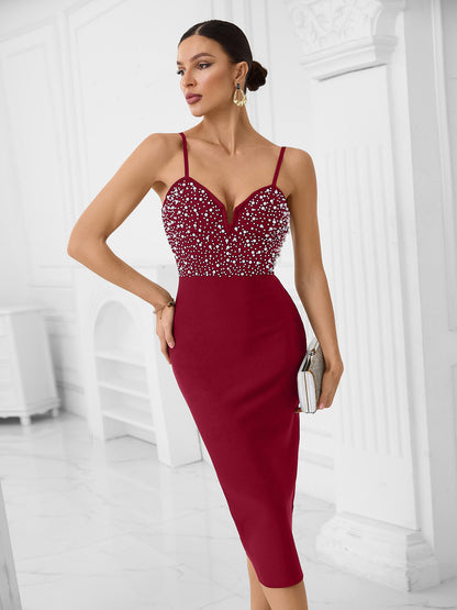 Pearl Embellished Midi Dress Red HV2549
