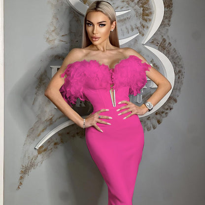 Off Shoulder Feather Midi Dress  HV9564