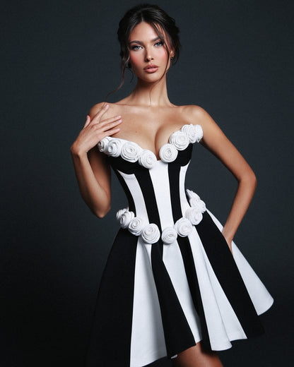 Strapless Floral Corset A Line Dress Black White HV2142