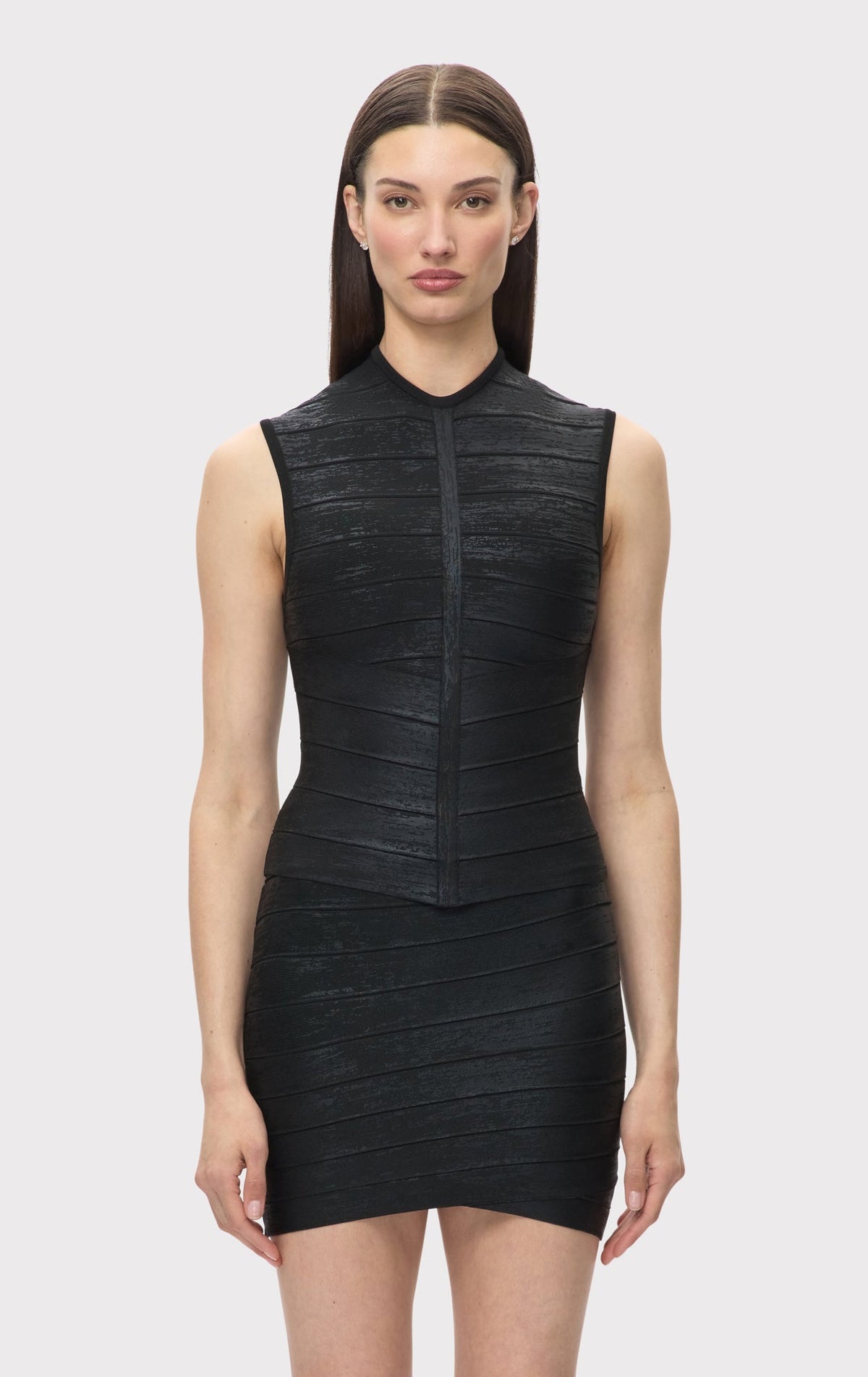 Woodgrain Foil Print Two Piece Dress Black HV2707