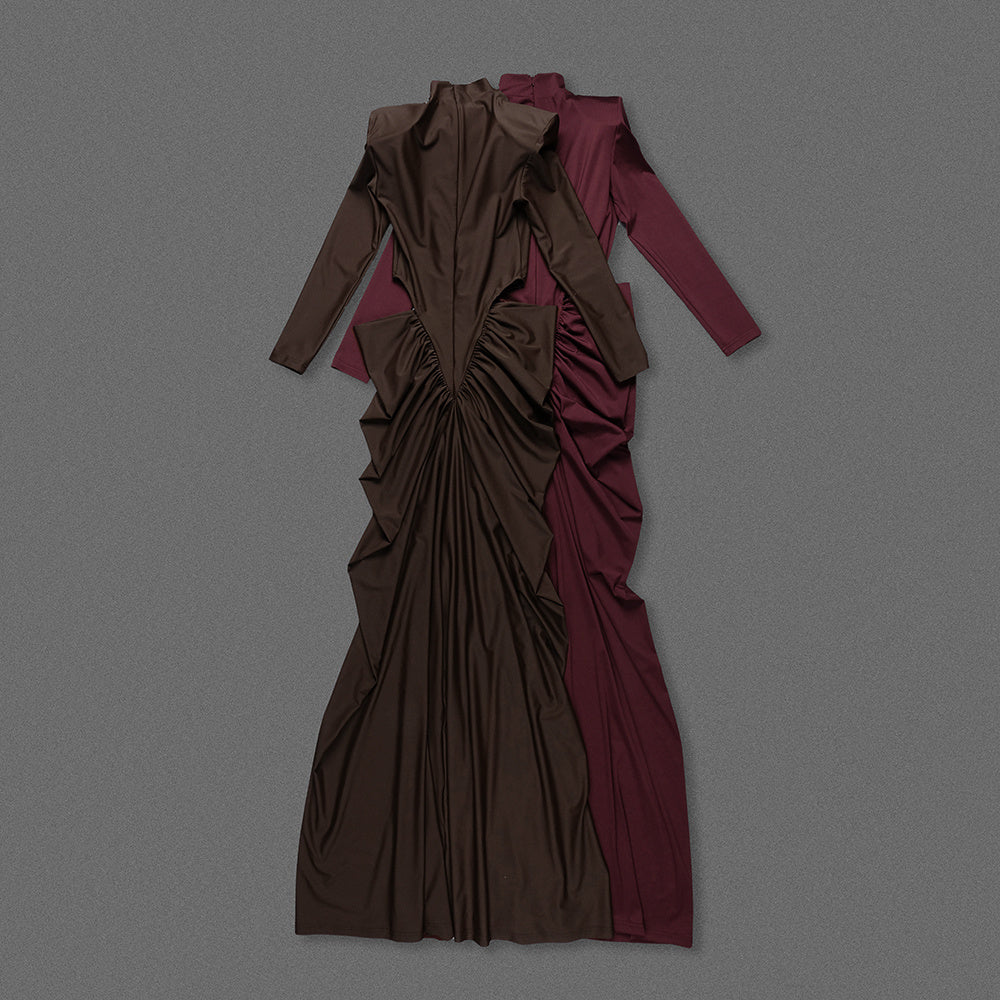 Long Sleeve Draped Cut Out Detail Maxi Dress Burgundy HV2675