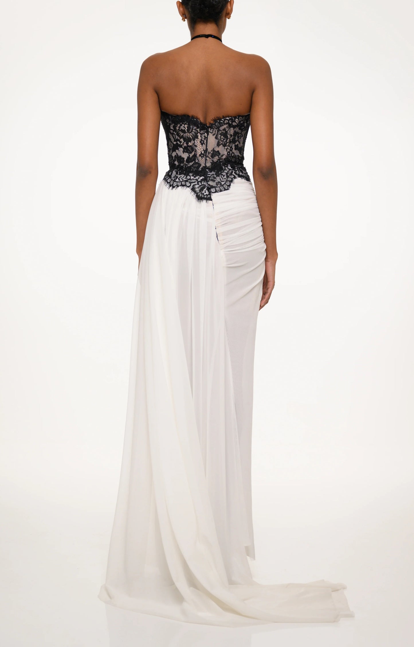 Halter Lace Insert Draped Maxi Dress White Black HV3151