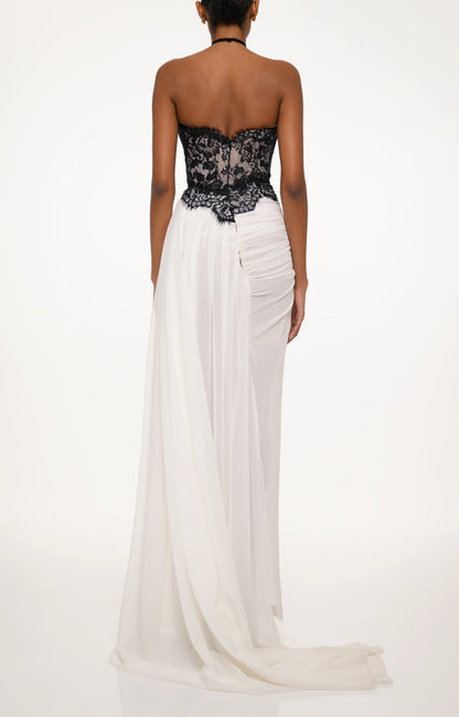 Halter Lace Insert Draped Maxi Dress White Black HV3151