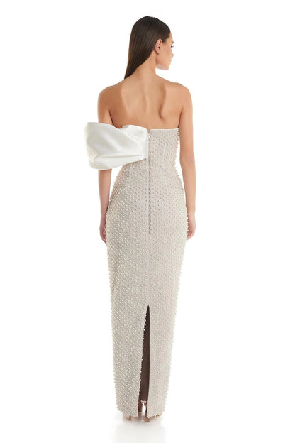 Draped Bardot Pearl Maxi Dress White HV1133