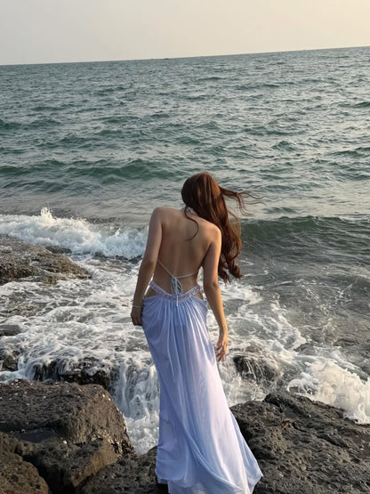 Halter Crystal Draped Backless Maxi Dress HV0122