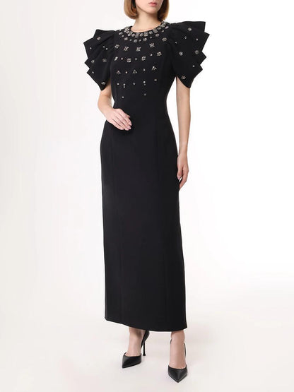Draped Short Sleeve Crystal Maxi Dress HV2802