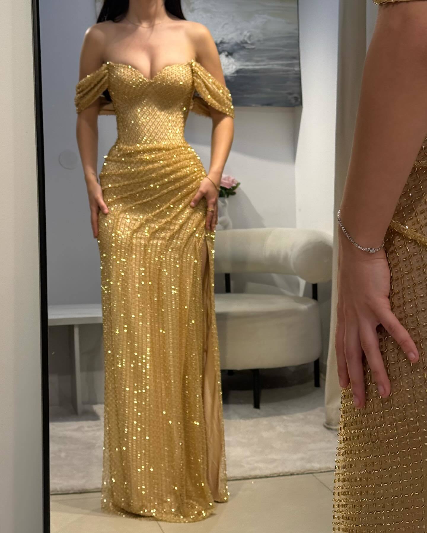 Sequin Bardot Maxi Dress Gold HV2905