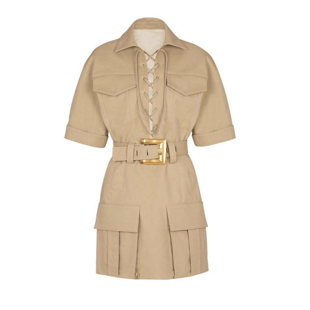 Short Sleeve Lace Up Detail Dress Came HV2748l