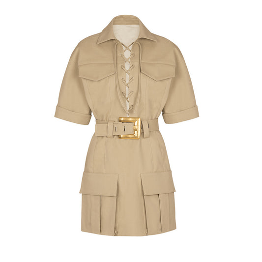 Short Sleeve Lace Up Detail Dress Came HV2748l