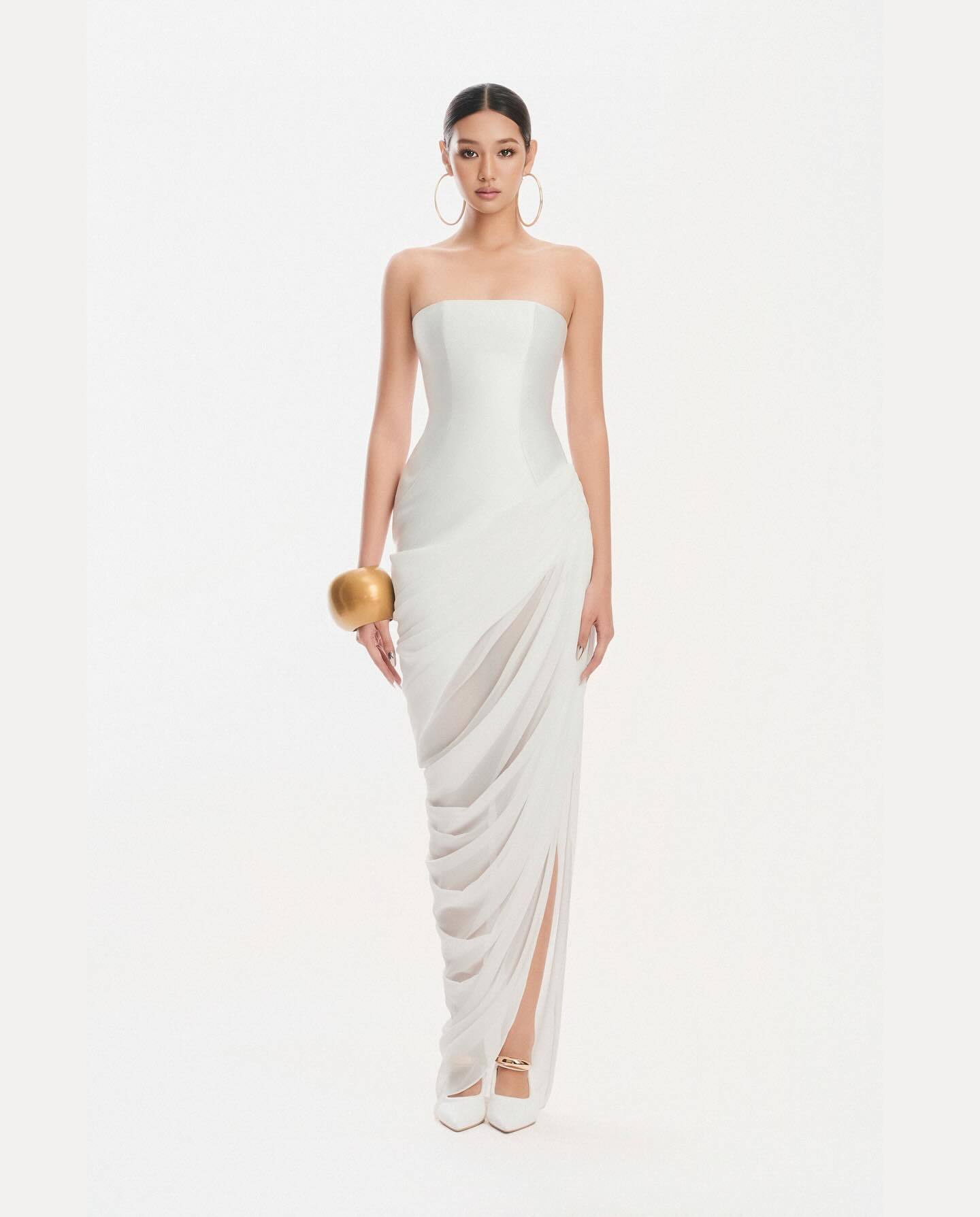 Strapless Draped Corset Maxi Dress White HV2670