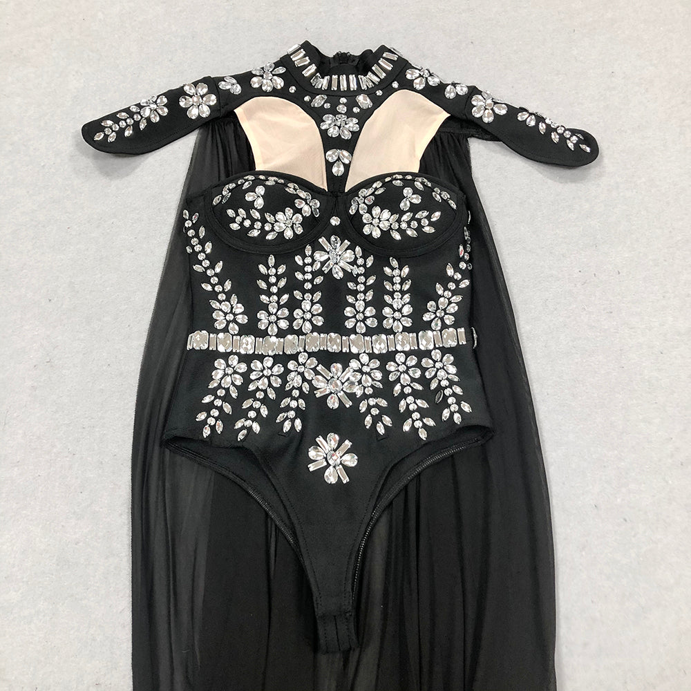 Crystal Detail Cape Bodysuit Black HV1568