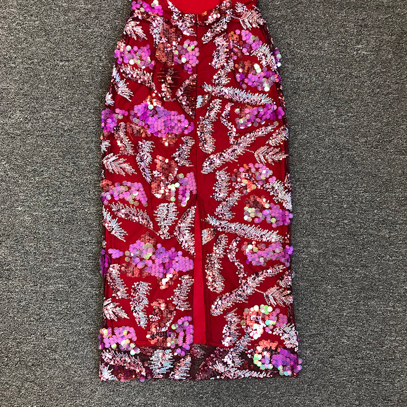 Halter Floral Sequin Midi Dress Hot Pink HV1618