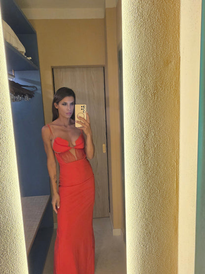 Bustier Draped Mesh Insert Maxi Dress Red HV2094