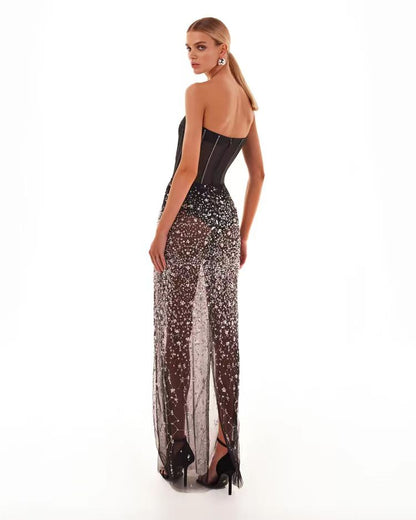 Strapless Bustier Floral Sequin Maxi Dress HV1428