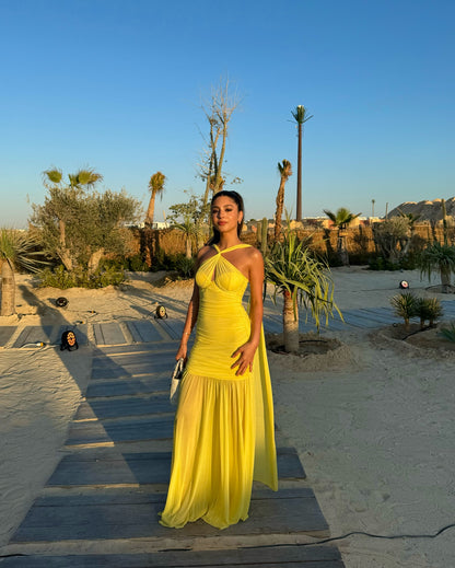 Halter Bustier Ruched Maxi Dress Yellow HV1648