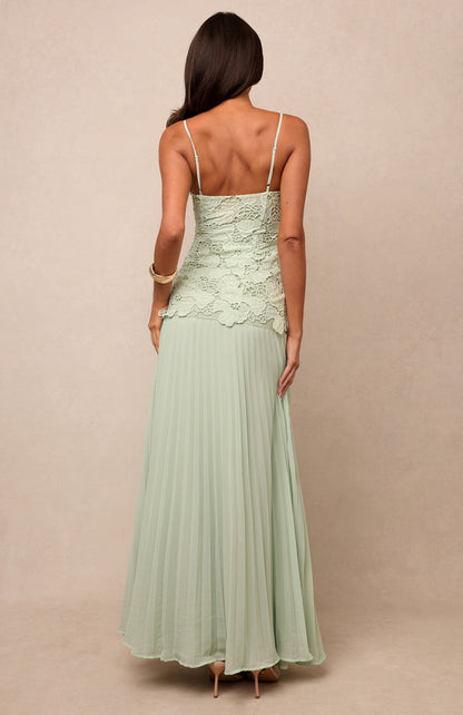 Lace Bustier Pleated A Line Maxi Dress Green HV3236