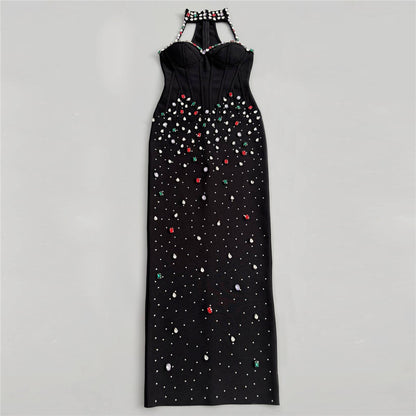 Halter Crystal Structured Bustier Maxi Dress Black HV3092