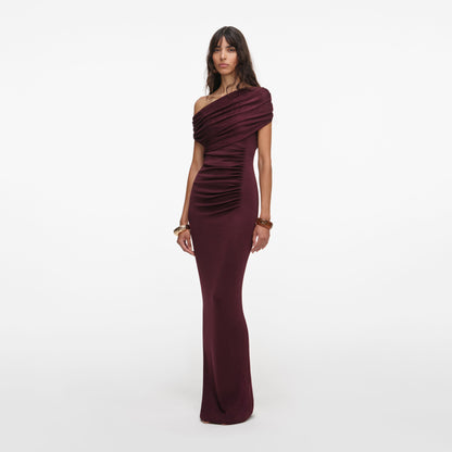 One Shoulder Bardot Draped Maxi Dress Burgundy HV2828
