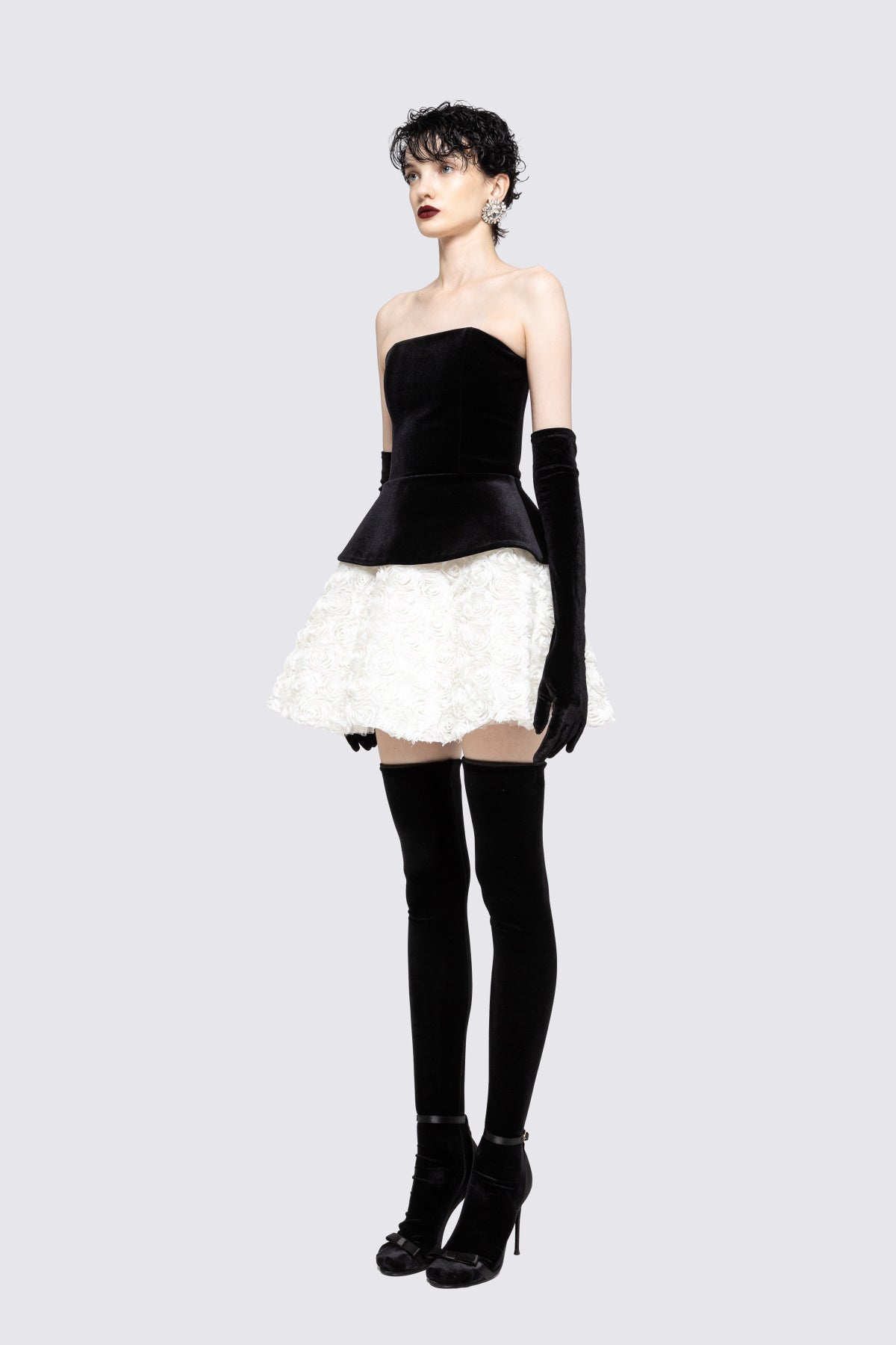 Strapless Corset Floral A Line Velvet Dress Black White HV0006