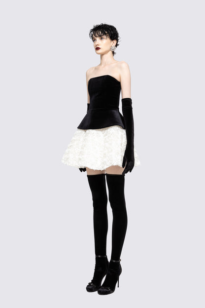 Strapless Corset Floral A Line Velvet Dress Black White HV0006