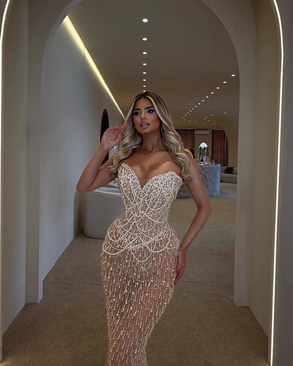 Strapless Pearl Detail Maxi Dress Nude HV2772