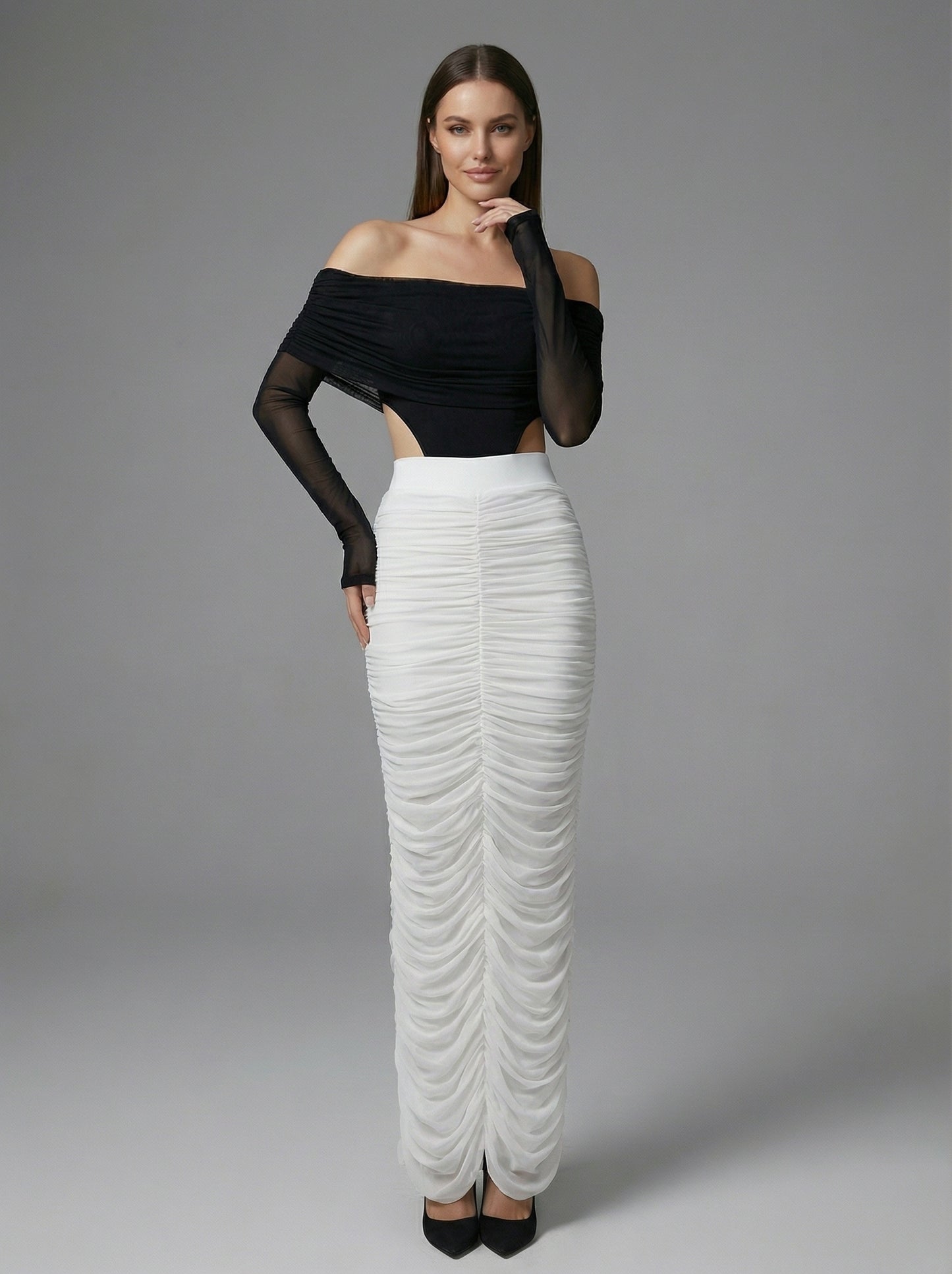Long Sleeve Draped Bardot Maxi Dress Black White HV2779