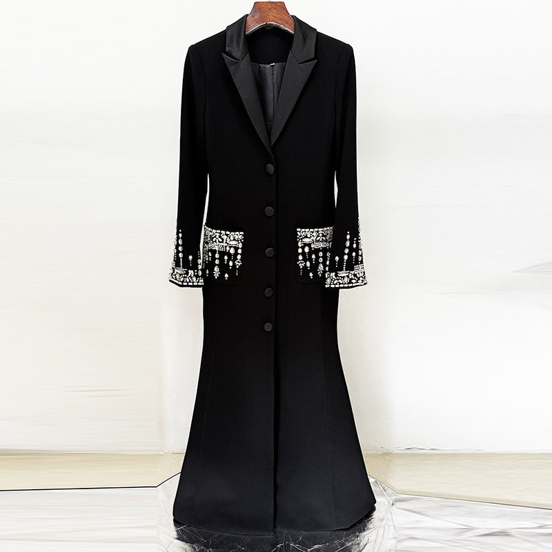 Long Sleeve Crystal Sequin Maxi Coat Dress Black HV1179