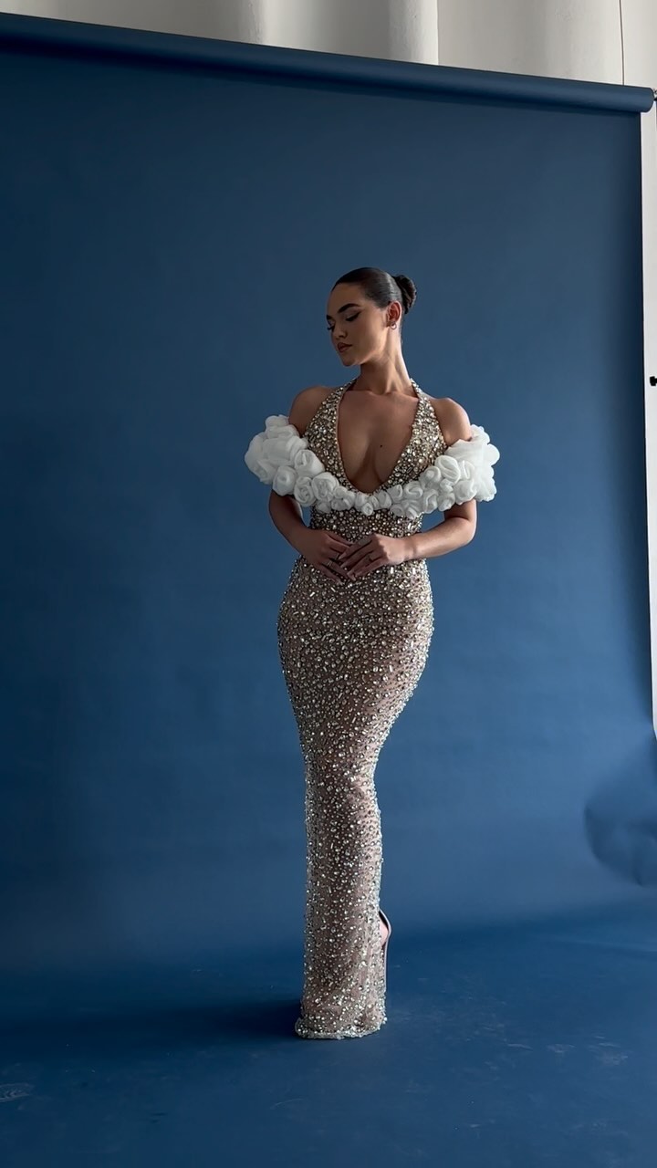 Halter Floral Bardot Sequin Maxi Dress Silver HV1760