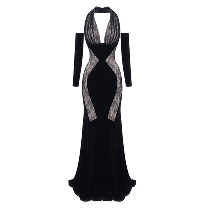 Long Sleeve Halter Lace Maxi Velvet Dress  HV2048