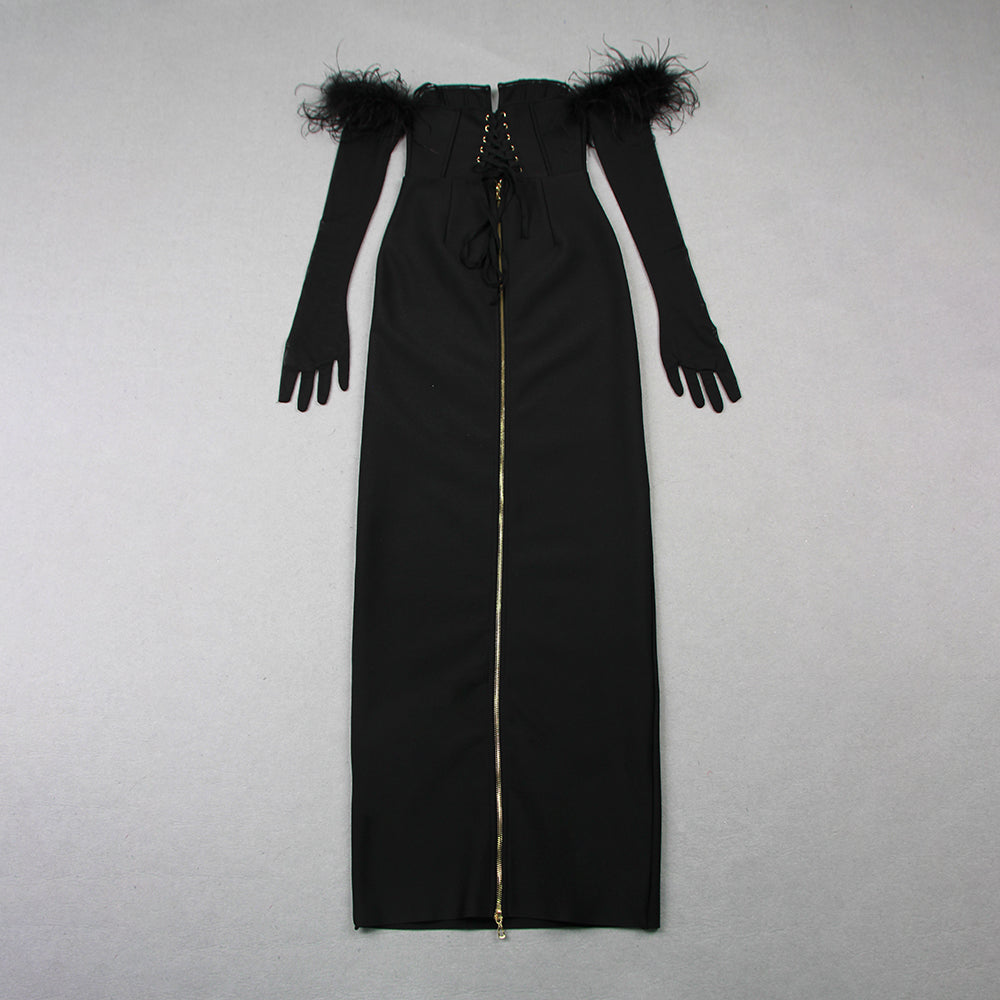 Long Sleeve Feather Corset Maxi Dress Black HV9958