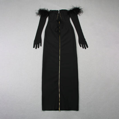 Long Sleeve Feather Corset Maxi Dress Black HV9958