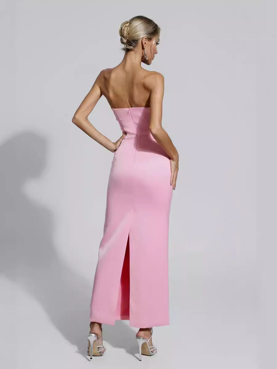 Crystal Heart Strapless Midi Dress Pink