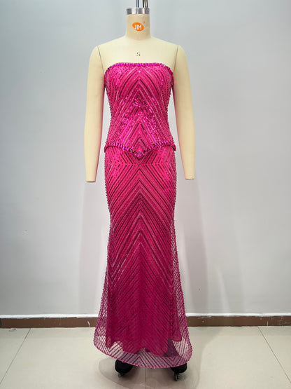 Strapless Crystal Sequin Maxi Dress Hot Pink HV2818