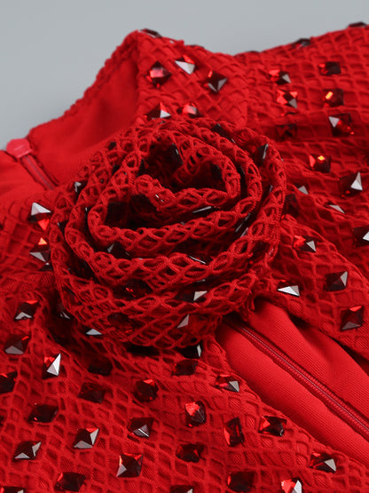 Floral Detail Sparkly Midi Dress Red HV2213