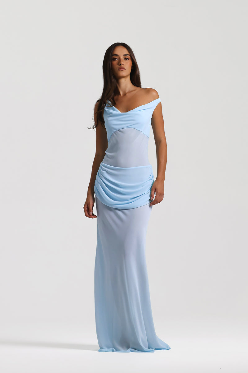 One Shoulder Corset Draped Maxi Dress Blue HV0011