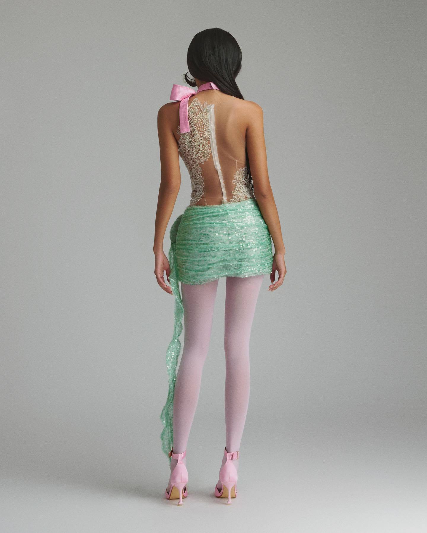 Lace Floral Sequin Dress Green HV2655