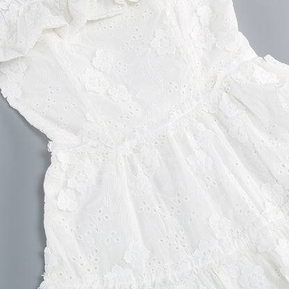 Ruffle Bardot A Line Midi Broderie Anglaise Dress White HV1407