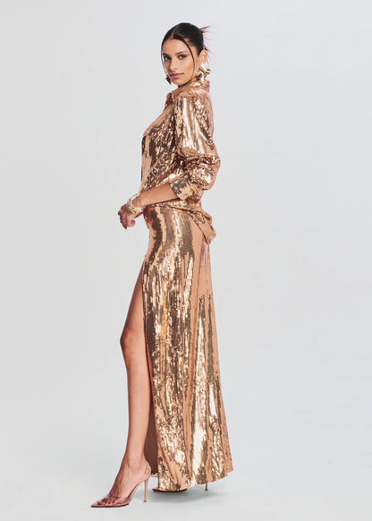 Long Sleeve Sequin Two Piece Midi Dress Gold HV9789