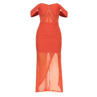Off Shoulder Bustier Draped Mesh Maxi Dress  HV9837